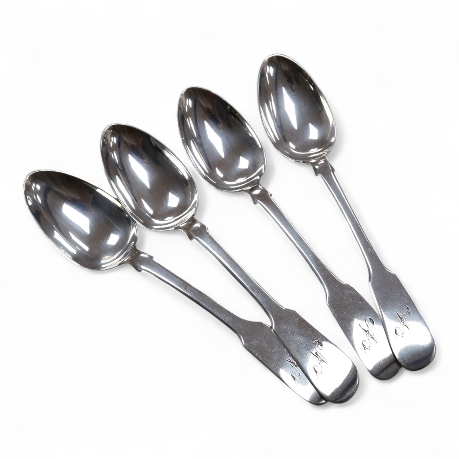 A set of four early 19th century Scottish provincial silver fiddle pattern teaspoons, by William Kermath, Dundee, circa 1830, 13.6cm, 74 grams.